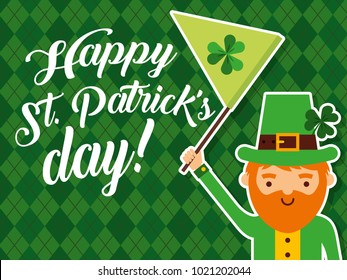 happy st patricks day leprechaun waving green flag clover