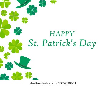 Happy St. Patrick's Day. Leprechaun hat and green clover leaves. Festive banner, greeting card. Typography design. Vector illustration