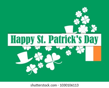 Happy St. Patrick's Day. Leprechaun hat and green clover leaves. Festive banner, greeting card. Typography design. Vector illustration