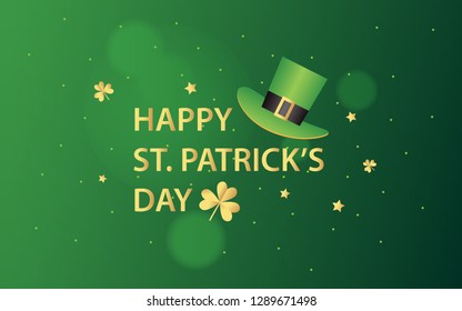 Happy St. Patrick's Day with Leprechaun Hat vector illustration in gold and green background. Design Template for greetings card, banner. Modern, minimalist, glamorous style design.