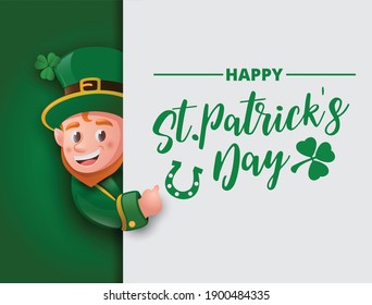 Happy St. Patrick's Day. Leprechaun with big signboard.