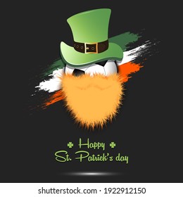 Happy St. Patricks day. Leprechaun in the form of a soccer ball. Soccer ball with beard and leprechaun hat. Greeting card design template. Vector illustration
