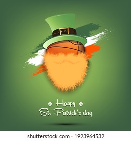 Happy St. Patricks day. Leprechaun in the form of a basketball ball. Basketball ball with beard and leprechaun hat. Greeting card design template. Vector illustration