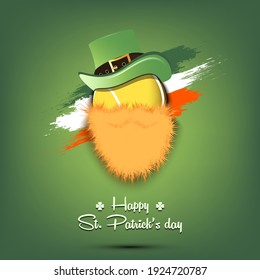 Happy St. Patricks day. Leprechaun in the form of a tennis ball. Tennis ball with beard and leprechaun hat. Greeting card design template. Vector illustration