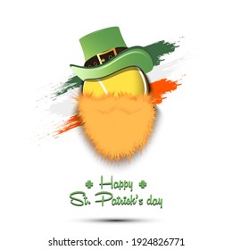 Happy St. Patricks day. Leprechaun in the form of a tennis ball. Tennis ball with beard and leprechaun hat. Greeting card design template. Vector illustration
