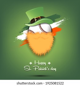 Feliz Día de San Patrón. Leprechaun en forma de bola de béisbol. Balón de béisbol con barba y sombrero de leprechaun. Plantilla de diseño de tarjeta de felicitación. Ilustración del vector