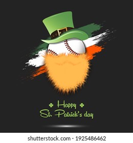 Happy St. Patricks day. Leprechaun in the form of a baseball ball. Baseball ball with beard and leprechaun hat. Greeting card design template. Vector illustration