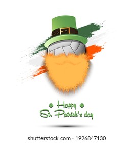 Happy St. Patricks day. Leprechaun in the form of a volleyball ball. Volleyball ball with beard and leprechaun hat. Greeting card design template. Vector illustration