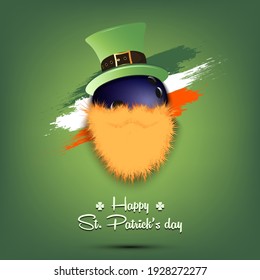Happy St. Patricks day. Leprechaun in the form of a bowling ball. Bowling ball with beard and leprechaun hat. Greeting card design template. Vector illustration