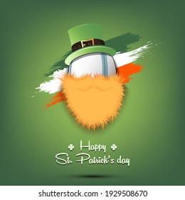 Happy St. Patricks day. Leprechaun in the form of a rugby ball. Rugby ball with beard and leprechaun hat. Greeting card design template. Vector illustration