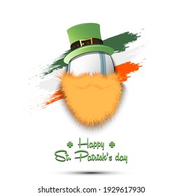 Happy St. Patricks day. Leprechaun in the form of a rugby ball. Rugby ball with beard and leprechaun hat. Greeting card design template. Vector illustration