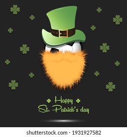 Happy St. Patricks day. Leprechaun in the form of a soccer ball. Soccer ball with beard and leprechaun hat. Greeting card design template. Vector illustration