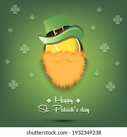 Happy St. Patricks day. Leprechaun in the form of a tennis ball. Tennis ball with beard and leprechaun hat. Greeting card design template. Vector illustration