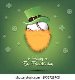 Happy St. Patricks day. Leprechaun in the form of a baseball ball. Baseball ball with beard and leprechaun hat. Greeting card design template. Vector illustration