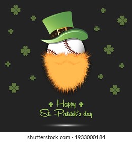 Happy St. Patricks day. Leprechaun in the form of a baseball ball. Baseball ball with beard and leprechaun hat. Greeting card design template. Vector illustration