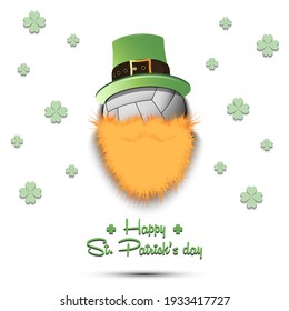Happy St. Patricks day. Leprechaun in the form of a volleyball ball. Volleyball ball with beard and leprechaun hat. Greeting card design template. Vector illustration