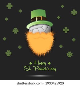 Feliz Día de San Patrón. Leprechaun en forma de voleibol. Voleibol con barba y sombrero de leprechaun. Plantilla de diseño de tarjeta de felicitación. Ilustración del vector