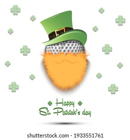 Happy St. Patricks day. Leprechaun in the form of a golf ball. Golf ball with beard and leprechaun hat. Greeting card design template. Vector illustration