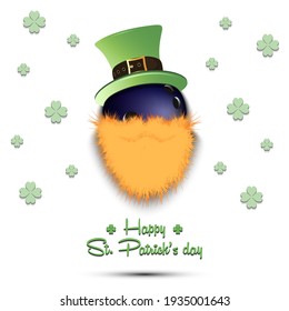 Happy St. Patricks day. Leprechaun in the form of a bowling ball. Bowling ball with beard and leprechaun hat. Greeting card design template. Vector illustration