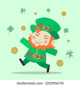 Happy St. Patrick's day leprechaun with luck coins and clovers. St. Patrick's day concept.