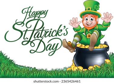 A Happy St Patricks day leprechaun and pot of gold coins illustration design
