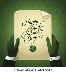 Happy St Patricks Day Leprechaun holding message EPS 10 vector stock illustration