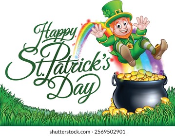 A Happy St Patricks day leprechaun and pot of gold coins at the end of the rainbow illustration design