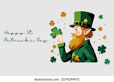 Happy St Patrick's Day with Leprechaun Hold a Shamrock in Flat Cartoon Background Design