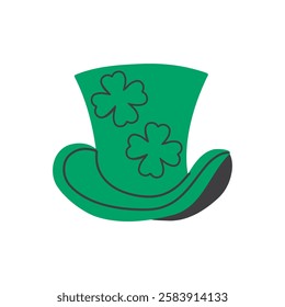 Happy St. Patrick's Day with  leprechaun's green hat adorned with shamrocks. Festive vector hand drawn design