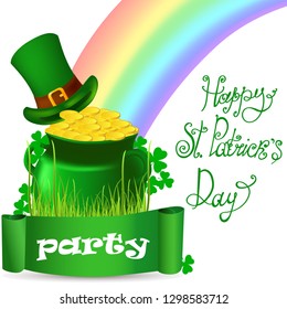 happy St Patrick's day, lettering, cauldron of gold, hat, rainbow, ribbon, vector illustration isolated on white background