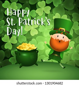 Happy St Patricks Day lettering, Leprechaun and pot of gold. Saint Patricks Day greeting card. Typed text, calligraphy. For leaflets, brochures, invitations, posters or banners.