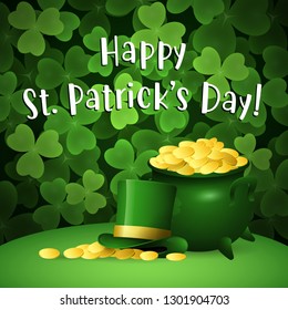 Happy St Patricks Day lettering with pot of gold and topper hat. Saint Patricks Day greeting card. Typed text, calligraphy. For leaflets, brochures, invitations, posters or banners.