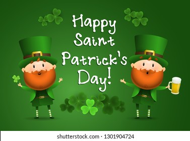 Happy St Patricks Day lettering with Leprechauns. Saint Patricks Day greeting card. Handwritten text, calligraphy. For leaflets, brochures, invitations, posters or banners.