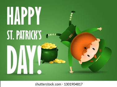 Happy St Patricks Day lettering, joyful Leprechaun, pot of gold. Saint Patricks Day greeting card. Typed text, calligraphy. For leaflets, brochures, invitations, posters or banners.