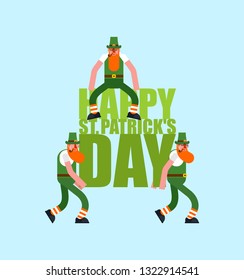 Happy St. Patricks Day Lettering and Leprechaun. Irish holiday. Dwarf in green hat
