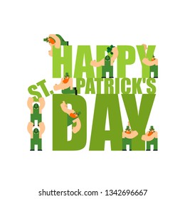 Happy St. Patricks Day Lettering and Leprechaun. Irish holiday. Dwarf in green hat
