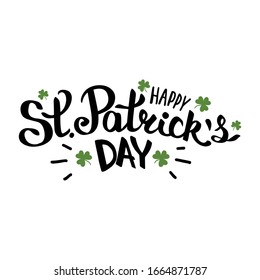 Happy St Patricks day lettering composition on white background with clover leaves vector illustration