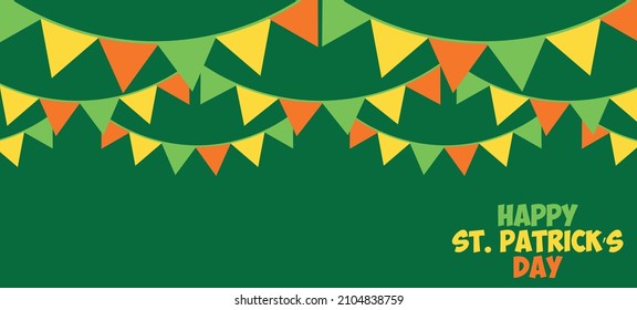 Happy St. Patrick's Day. Lettering phrase on background with flags in flat style. Design element for poster, banner, card. Background decorated with flags. Vector illustration