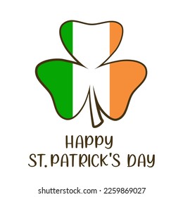 Happy St. Patrick's Day lettering and clover in the colors of the Irish flag. St. Patrick's Day greeting card. Vector illustration. Isolated on white background