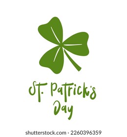 Happy St. Patrick's Day lettering with clover. St. Patrick's Day greeting card. Vector illustration. Isolated on white background