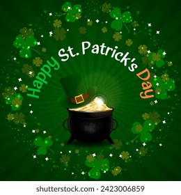 Feliz Día de San Patricio con letras de fondo verde con trébol o shamrock, olla de monedas de oro y sombrero verde de leprechaun. Ilustración vectorial.