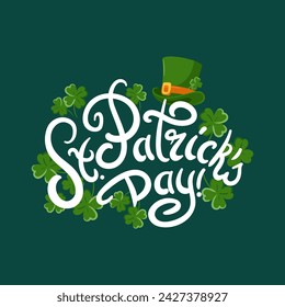 Feliz Día de San Patricio. Letras en estilo vintage. Leprechauns, sombrero de copa, caricatura. Trébol de cuatro hojas. Buena suerte. Magia, tradiciones religiosas. Para posters, postales, banners, elementos de diseño