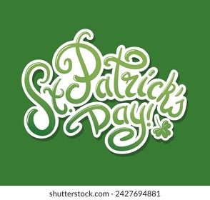 Feliz Día de San Patricio. Letras en estilo vintage. Leprechauns, Caricatura. Trébol de cuatro hojas. Buena suerte. Magia, tradiciones religiosas. Para posters, postales, banners, elementos de diseño