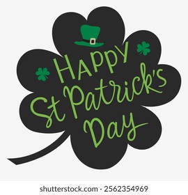 Happy St Patrick's Day lettering text with green hat silhouette on black shamrock shape. Patricks Day symbol isolated on white. Vector stock illustration.	