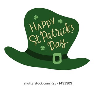 Happy St Patrick's Day lettering text with green shamrock silhouette on leprechaun hat shape. Patricks Day symbol isolated on white. Vector stock illustration.