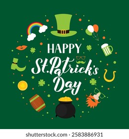 Happy St. Patricks day lettering with traditional Irish symbols: green hat, leaf of shamrock, Leprechaun, pot of treasure, gold coins, horseshoe, mug of beer. Vector illustration