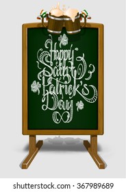 Happy St. Patrick's Day lettering on chalk Board with two beers 