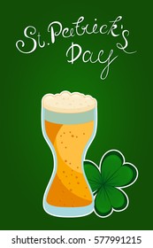 Happy St. Patrick's Day lettering with beer glass and clover shamrock. Traditional Irish holiday template design.