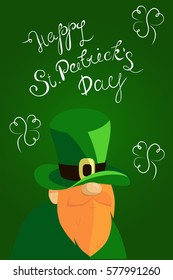 Happy St. Patrick's Day lettering with Red Beared Leprechaun and clover shamrock. Traditional Irish holiday template design.