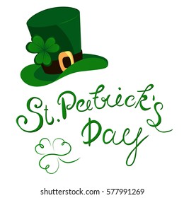 Happy St. Patrick's Day lettering with clover shamrock. Traditional Irish holiday background.